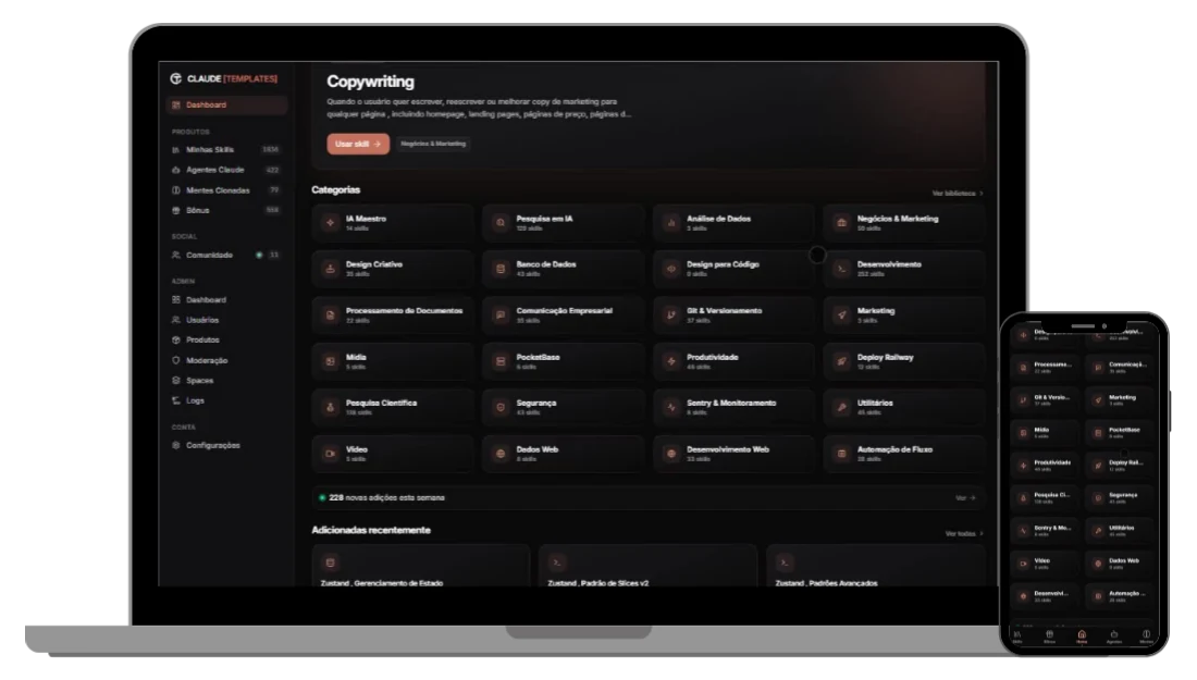 Dashboard da área de membros do Claude Templates